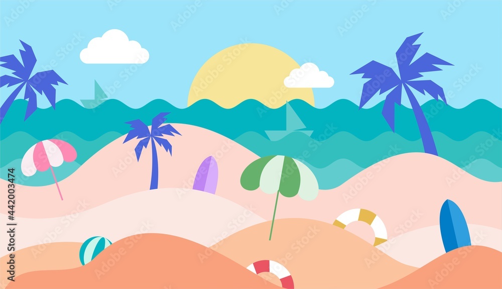 Summet time background of landscape, sunny, panorama of sea and beach. Sea with umbrellas, ball, swim ring, surfboard, ship