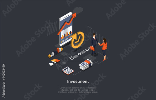 Vector Illustration On Financial Business Investment Concept. Isometric Composition, Cartoon 3D Style With Text, Characters And Objects. Successful Banking, Money Funding And Economics Management.