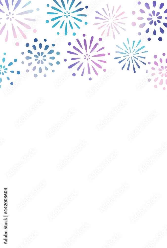花火　夏　水彩　背景　ポストカード　縦/ Hand-Drawn Watercolor Summer Fireworks Festival Postcard - Vertical - Vector Image