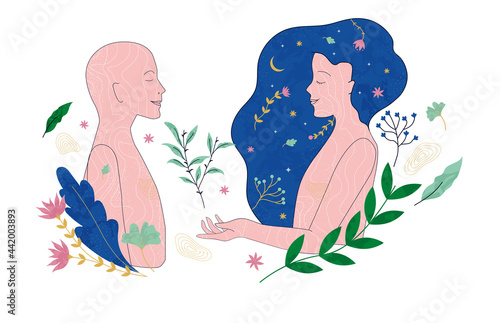 Illustration vectorielle de deux personnes face à face qui se regardent. Personnages avec des plantes, fleurs et végétaux. Personne avec la main tendue.