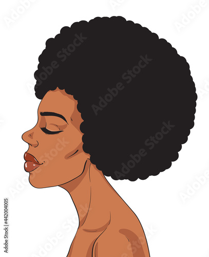 African american afro hair woman face in profile, pop art retro comics style vector illustration isolated on white background. Fashion and beauty black woman portrait.