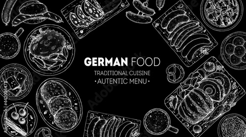 German food menu sketches. Design template. Hand drawn vector illustration. German cuisine. Black and white. Engraved style. Hand drawn food sketch illustration.