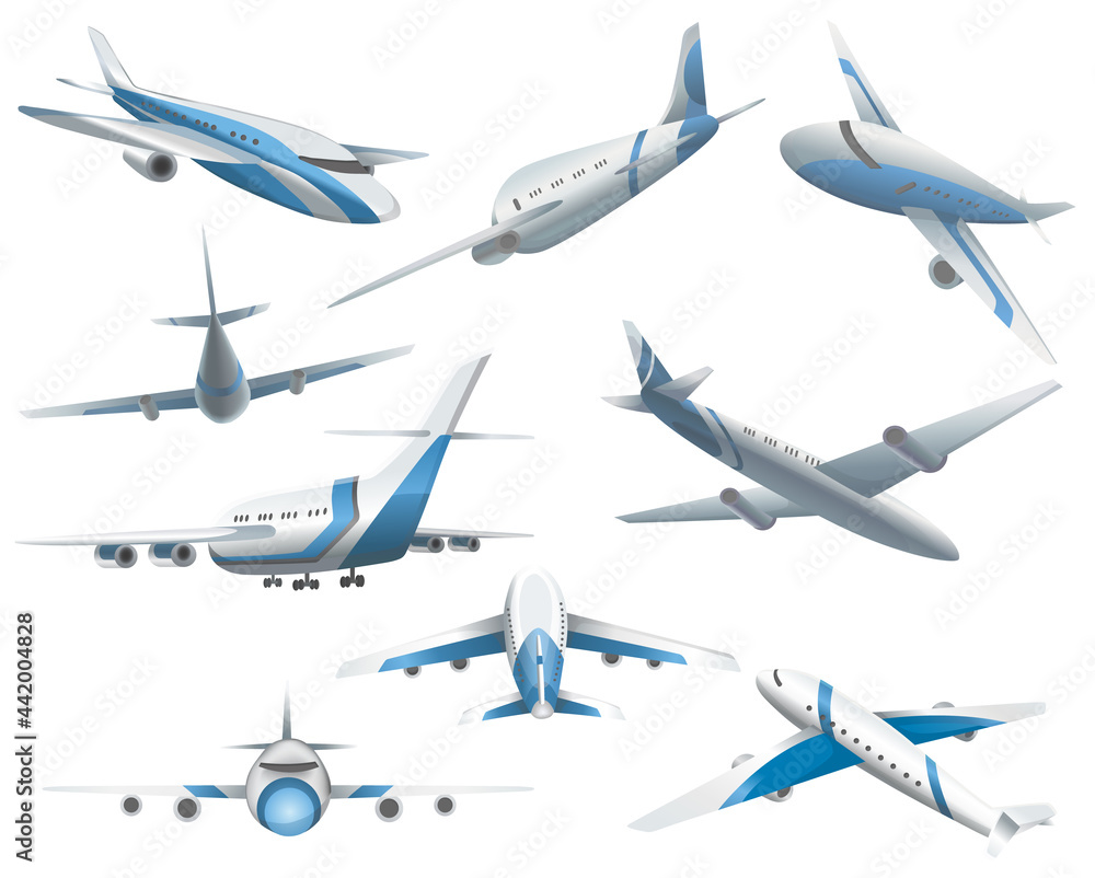 Set of airplanes in different positions for commercial aviation fleet. Aircraft transport. Civil aircraft journey and aviation symbols. Wing flight transport Set of airplanes in different positions for commercial aviation fleet. Aircraft transport. Civil aircraft journey and aviation symbols. Wing flight transport