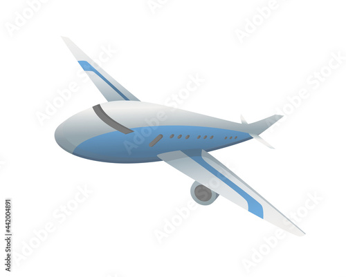 Flying airplane or airliner. Aircraft transport. Passenger flight jet airplane, aviation vehicle. Civil aircraft journey and aviation symbol. Wing flight transport