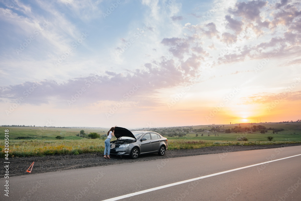 A young girl stands near a broken-down car in the middle of the highway during sunset and tries to call for help on the phone. Breakdown and repair of the car. Waiting for help. A young girl stands near a broken-down car in the middle of the highway during sunset and tries to call for help on the phone. Breakdown and repair of the car. Waiting for help.