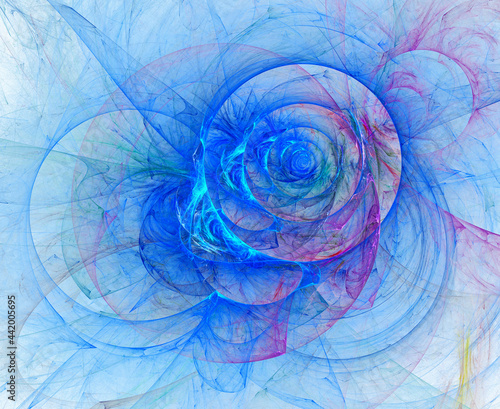 Abstract fractal blurred blue background with circles and flowers inside them. 3d rendering. 3d illustration.