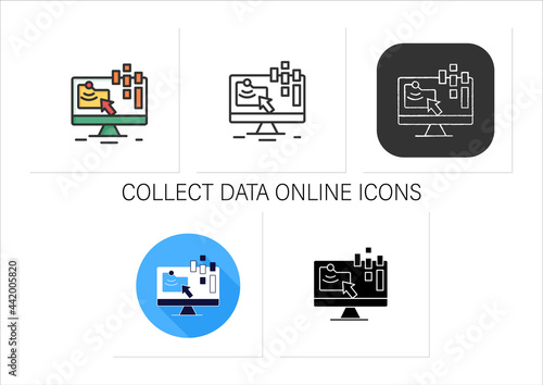 Collect data online icons set.Data compiling,account information gathering.Online banking company services.Customer data.Collection of icons in linear,filled,color styles.Isolated vector illustrations