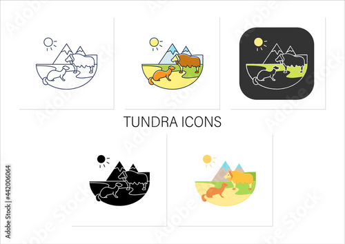 Tundra icons set.Cold and treeless plain.Hard for plants and animals alike to survive.Mountain landscape. Wild animals.Collection of icons in linear, filled, color styles.Isolated vector illustrations