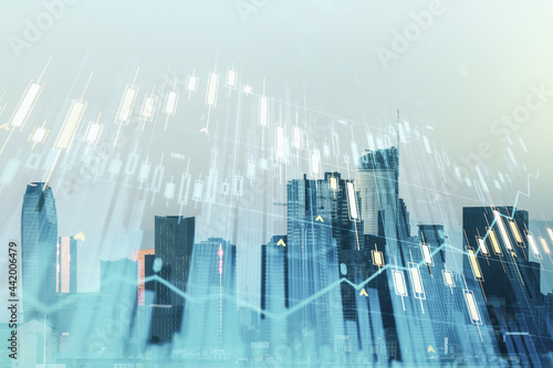 Multi exposure of abstract virtual financial graph hologram on Los Angeles skyline background, forex and investment concept