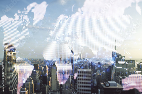 Abstract creative digital world map on New York cityscape background, globalization concept. Multiexposure