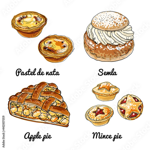 Vector food icons of buns. Colored sketch of food products. Pastel de nata, semla, apple pie, mince pie