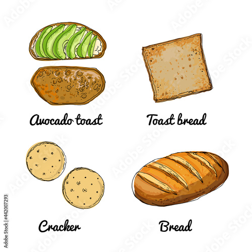 Vector food icons of vegetables. Colored sketch of food products. Avocado toast, cracker, bread, toast