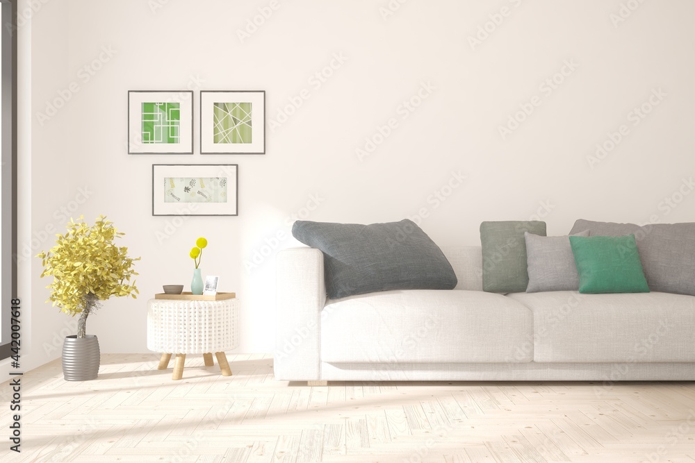 Fototapeta premium White living room with sofa. Scandinavian interior design. 3D illustration