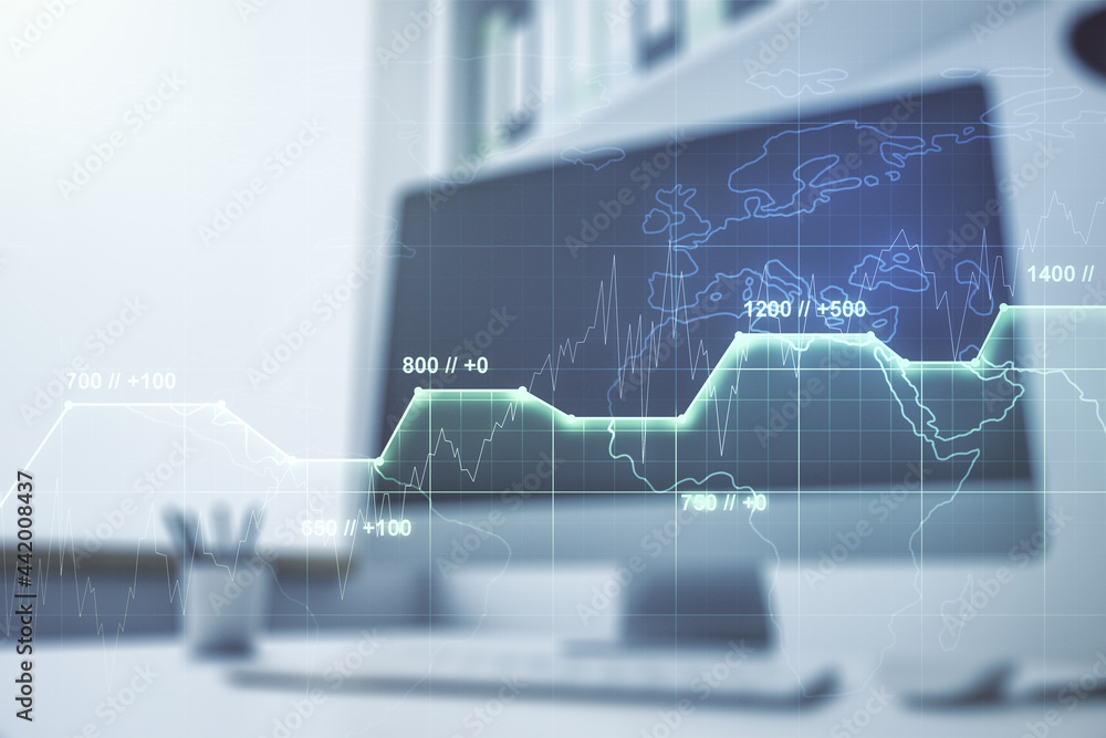 Double exposure of abstract creative statistics data hologram and modern desktop with laptop on background, statistics and analytics concept Double exposure of abstract creative statistics data hologram and modern desktop with laptop on background, statistics and analytics concept