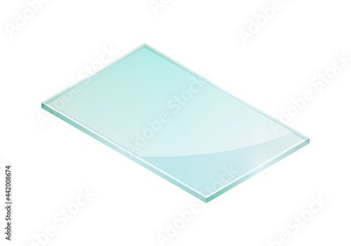 Vector illustration sheet of tempered glass isolated on white background. Realistic piece of glass icon in flat cartoon style. Isometric illustration shiny plate of industrial tempered glass.