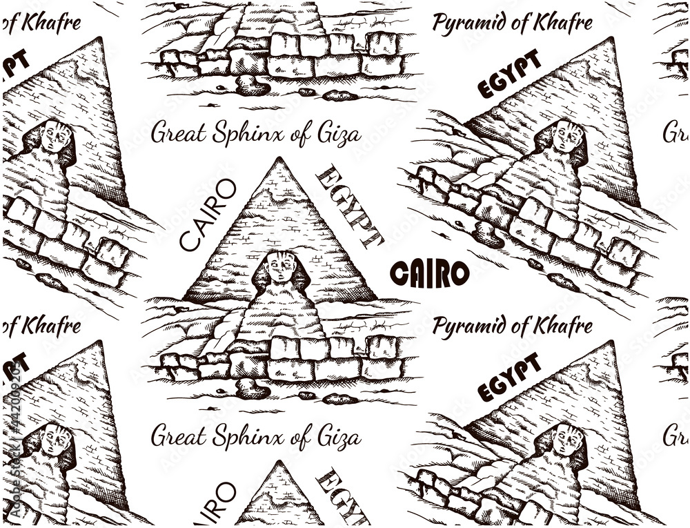 Fototapeta premium Sketch drawing pattern of Egypt. Drawing Great Sphinx of Giza, outline Cairo landscape, line art Pyramid of Khufu, Cheops, desert. Engraved Egyptian background, view, wallpaper. Vector illustration.