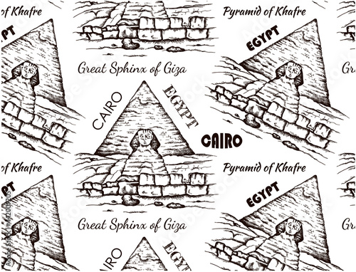 Sketch drawing pattern of Egypt. Drawing Great Sphinx of Giza, outline Cairo landscape, line art Pyramid of Khufu, Cheops, desert. Engraved Egyptian background, view, wallpaper. Vector illustration.