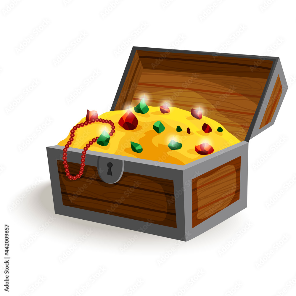 Treasure chest isometric cartoon. Wooden open box full of gold