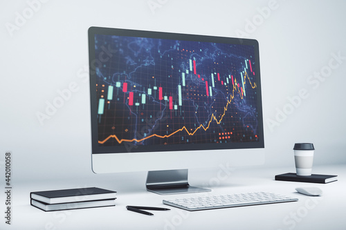 Abstract creative financial graph with world map on modern laptop screen, forex and investment concept. 3D Rendering