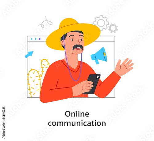 Video call concept with with a mustachioed man in a hat