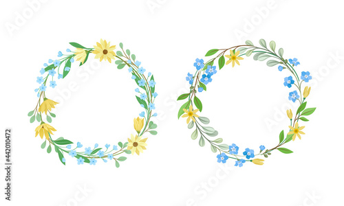 Floral Wreath with Leafy Tree Branch and Blooming Summer Flowers Vector Set