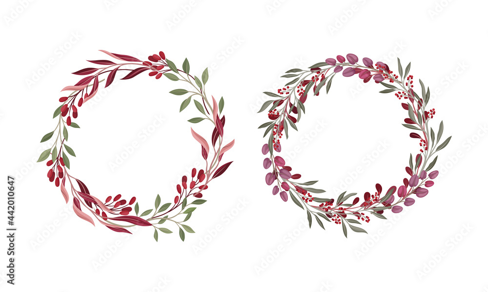 Foliage and Berry Twig Arranged in Floral Wreath Vector Set Foliage and Berry Twig Arranged in Floral Wreath Vector Set
