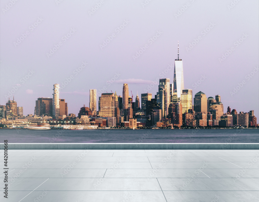 Empty concrete seafront on the background of a beautiful New York city skyline at daytime, mock up