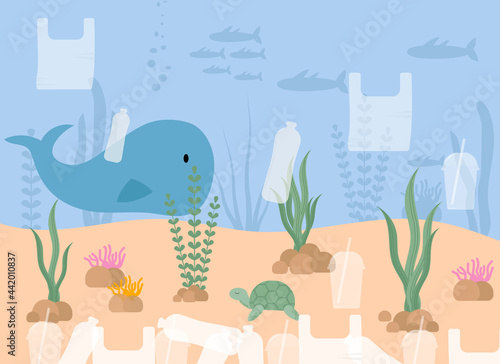 Global environmental problems, ocean pollution. Marine animals floating in dirty water with plastic rubbish. Vector illustration