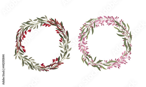 Foliage and Berry Twig Arranged in Floral Wreath Vector Set