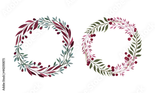 Foliage and Berry Twig Arranged in Floral Wreath Vector Set