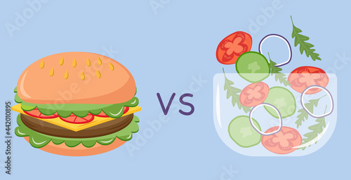 Healthy vs unhealthy food. Concept of choice between good and bad nutrition. Vector illustration.