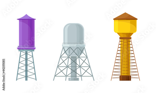 Elevated Water Tower or Tank Made of Metal for Storing Water Vector Set