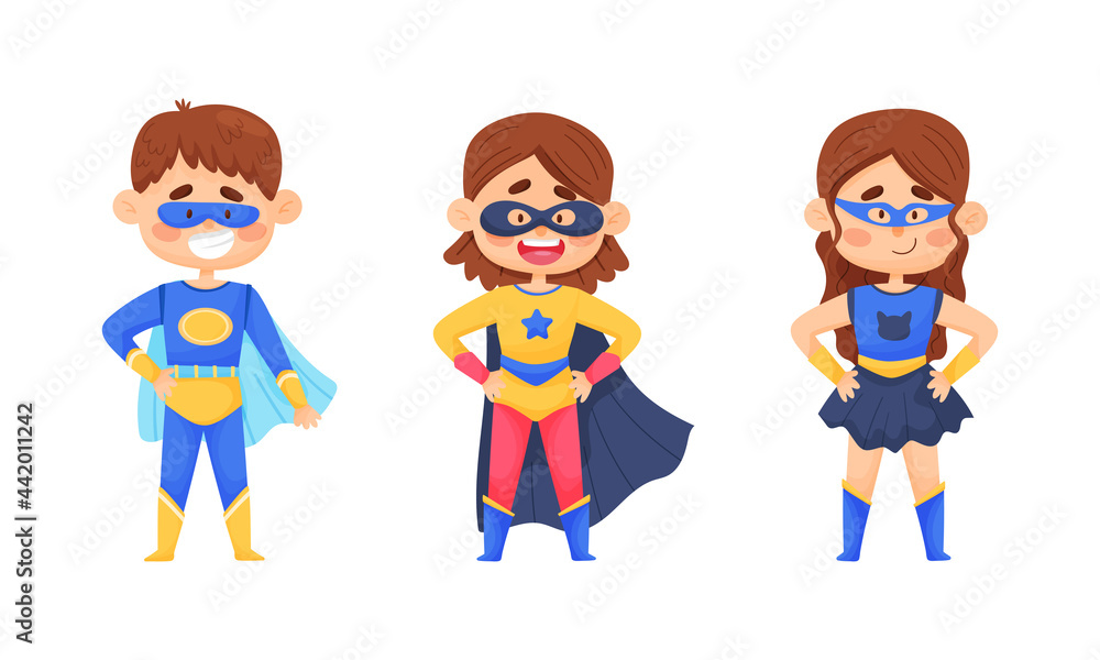 Smiling Boy and Girl Character in Superhero Costume and Cloak Standing Ready to Save the World Vector Illustrations Set Smiling Boy and Girl Character in Superhero Costume and Cloak Standing Ready to Save the World Vector Illustrations Set