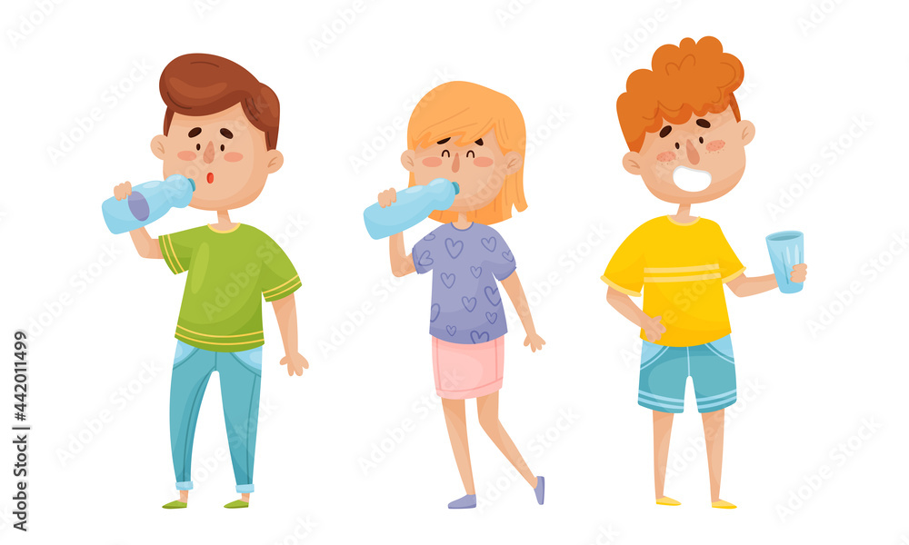 People Character Standing and Drinking Still Mineral Water from Glass and Bottle Vector Illustration Set People Character Standing and Drinking Still Mineral Water from Glass and Bottle Vector Illustration Set