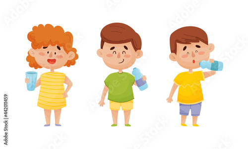 Kid Characters Standing and Drinking Still Mineral Water from Plastic Bottle Vector Illustrations Set