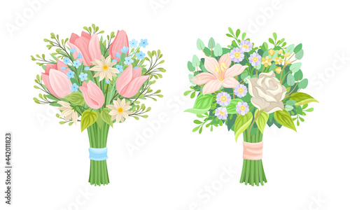 Bunch of Lush Flowers with Green Leafy Branches Vector Set