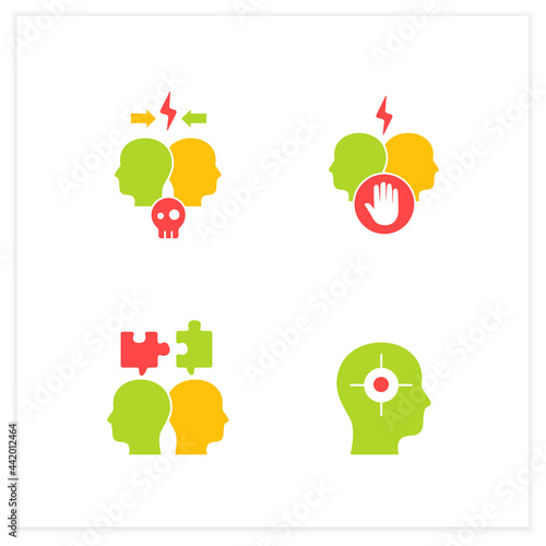 Conflict management flat icons set. Dispute resolution.Compromising, identifying triggers, stress management.Communication concept. Vector illustration