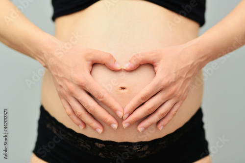 Wallpaper Mural Pregnant woman holding hands on her belly making a heart symbol. Pregnant Belly with fingers Heart symbol. Maternity concept. Baby Shower. Pregnant woman loving her unborn baby. Torontodigital.ca