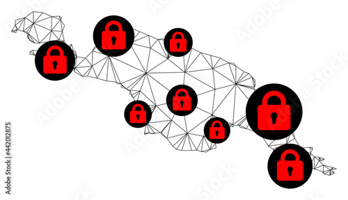 Polygonal mesh lockdown map of New Guinea Island. Abstract mesh lines and locks form map of New Guinea Island. Vector wire frame 2D polygonal line network in black color with red locks.