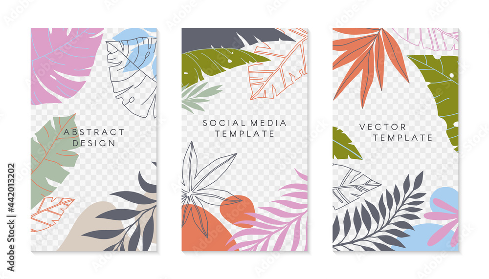 Set of insta story templates with tropical palm leaves.Modern summer vector layouts with copy space for text.Bright vibrant banners.Trendy designs for social media marketing,digital post,prints.