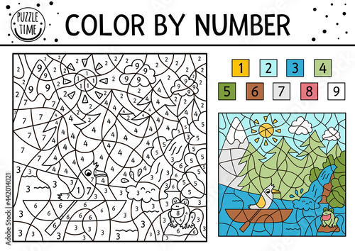 Vector forest color by number activity with trees, mountains, river waterfall and bird in a boat. Summer road trip coloring and counting game. Funny coloration page for kids with nature scene. .