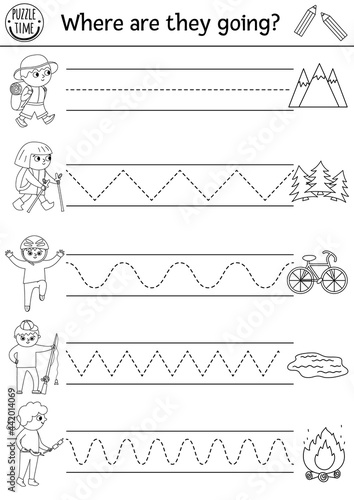 Vector camping handwriting practice worksheet. Summer road trip printable black and white activity for children. Educational tracing game for writing skills with cute kids, fire, mountains, forest.