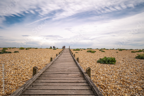 The boardwalk to the sea at Dungeness National nature reserve, in Kent. 