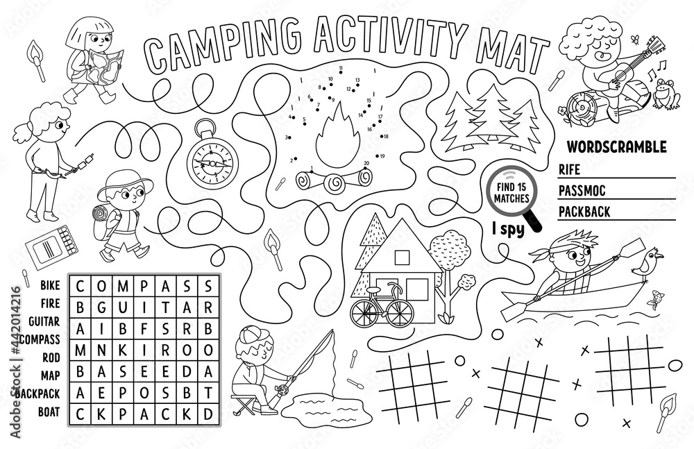 Vector camping placemat. Summer camp holidays printable activity mat with maze, tic tac toe charts, connect the dots, wordsearch. Black and white play mat or coloring page with cute kids.
