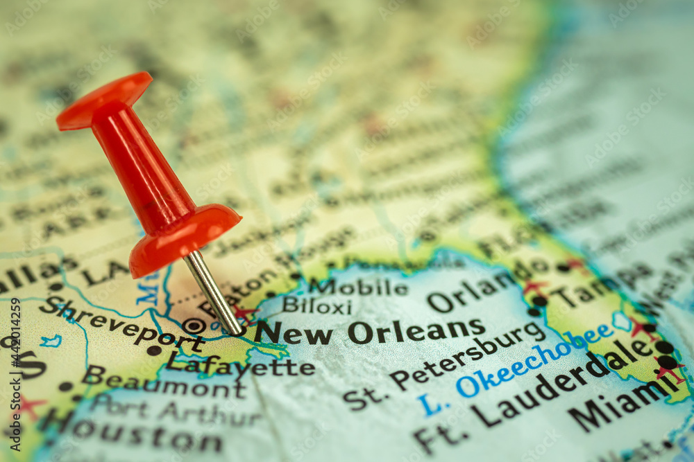 Location New Orleans City In Louisiana, Map With Red Push Pin Pointing  Close-Up, Usa, United States Of America Stock Photo | Adobe Stock
