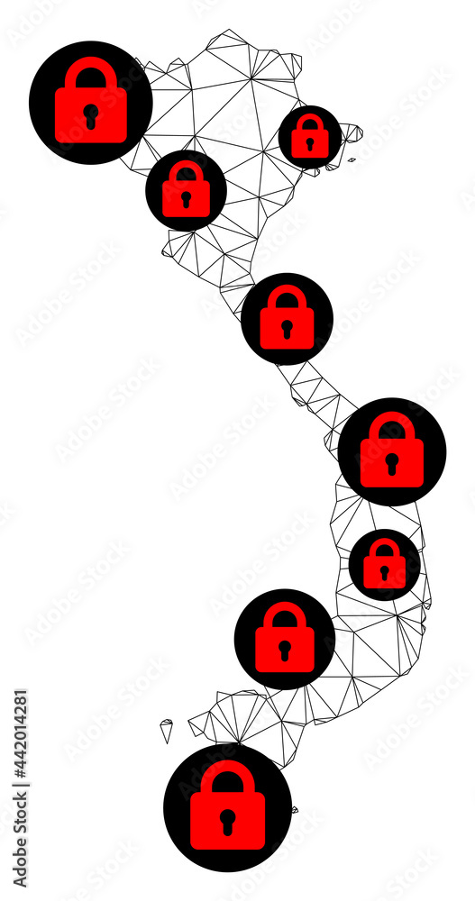 Polygonal mesh lockdown map of Vietnam. Abstract mesh lines and locks form map of Vietnam. Vector wire frame 2D polygonal line network in black color with red locks.