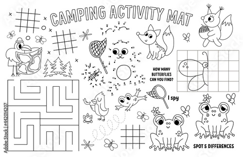 Vector camping placemat for kids. Summer camp holidays printable activity mat with maze, tic tac toe charts, connect the dots, find difference. Black and white play mat or coloring page with animals.