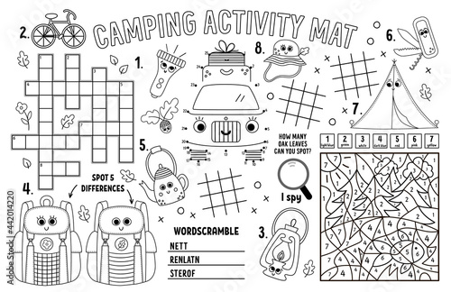Vector camping placemat. Summer camp holidays printable activity mat with maze, tic tac toe charts, connect the dots, crossword, color by number. Black and white play mat or coloring page.