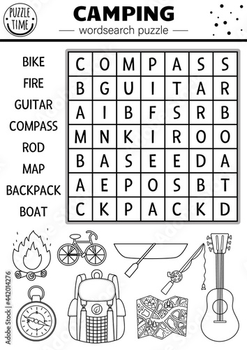 Vector black and white camping wordsearch puzzle. Simple forest summer camp outline crossword or coloring page. Educational keyword activity with kids backpack, map, bike, boat, fire, guitar .