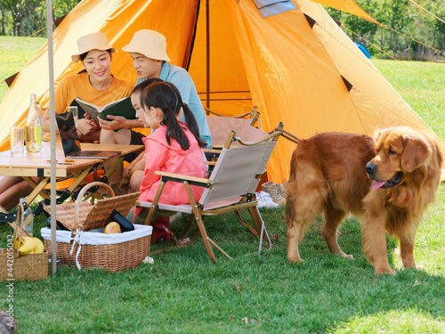 Happy family of four and dog camping out photo
